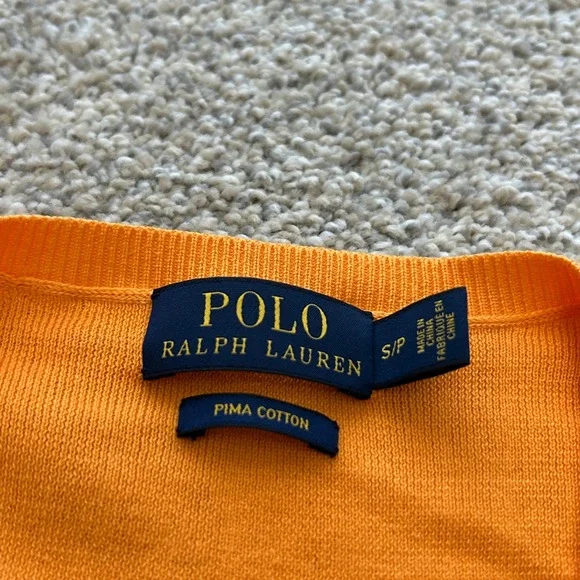 Polo Ralph Lauren V-Neck Sweater Small Orange Pima Cotton Blue Pony Logo - Picture 6 of 7